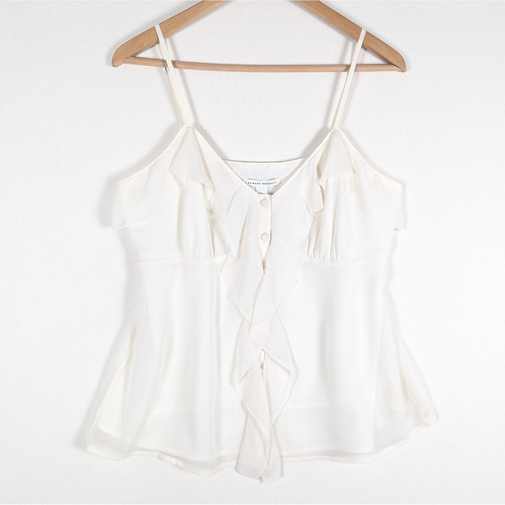 Banana Republic Top Women 12 Silk Cream Ruffle Strappy Lined Button Up Tank NWT